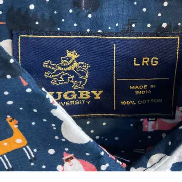 Rugby Christmas Shirt Men's Size L Blue Santa Snowman Reindeer Button Up Cotton - Picture 3 of 5